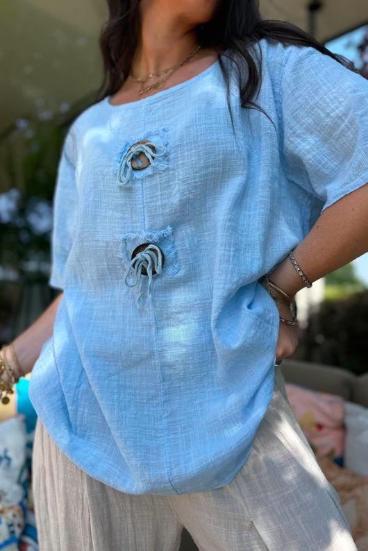 Izi Cheesecloth Button Tee Baby Blue